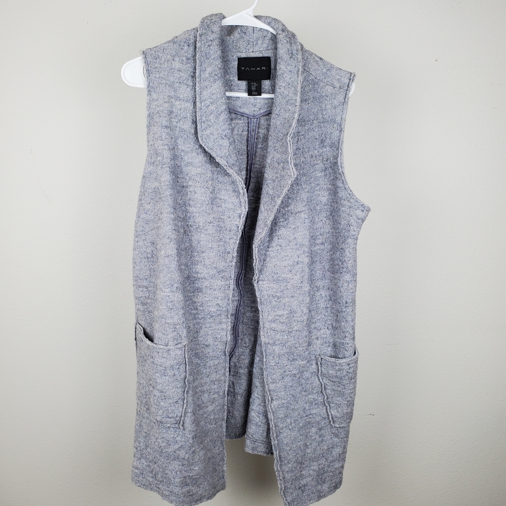 Tahari Gray Open Front Long Wool Blend Vest Pockets Womens Sz Medium Raw Edges